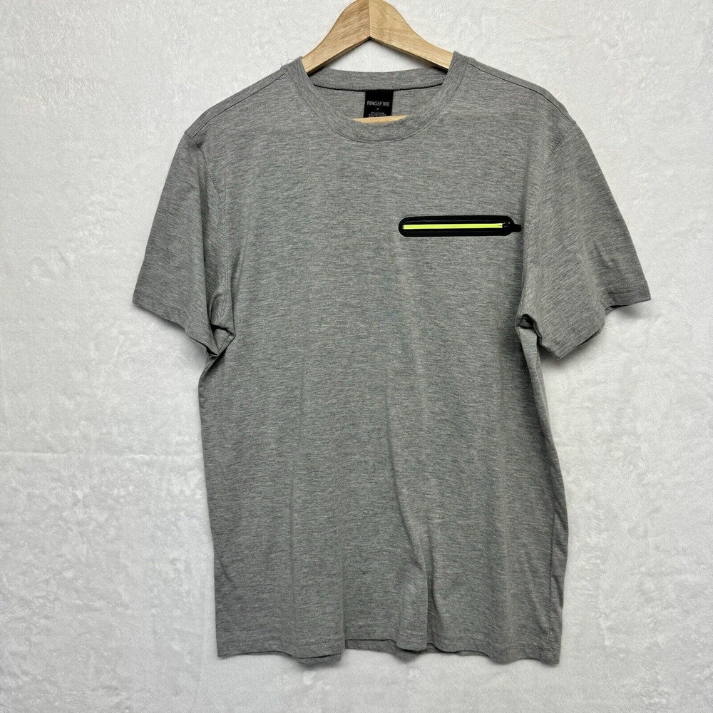 Ring Of Fire Men's Crew Neck T- Shirt Gray Size Medium with zipped front pocket